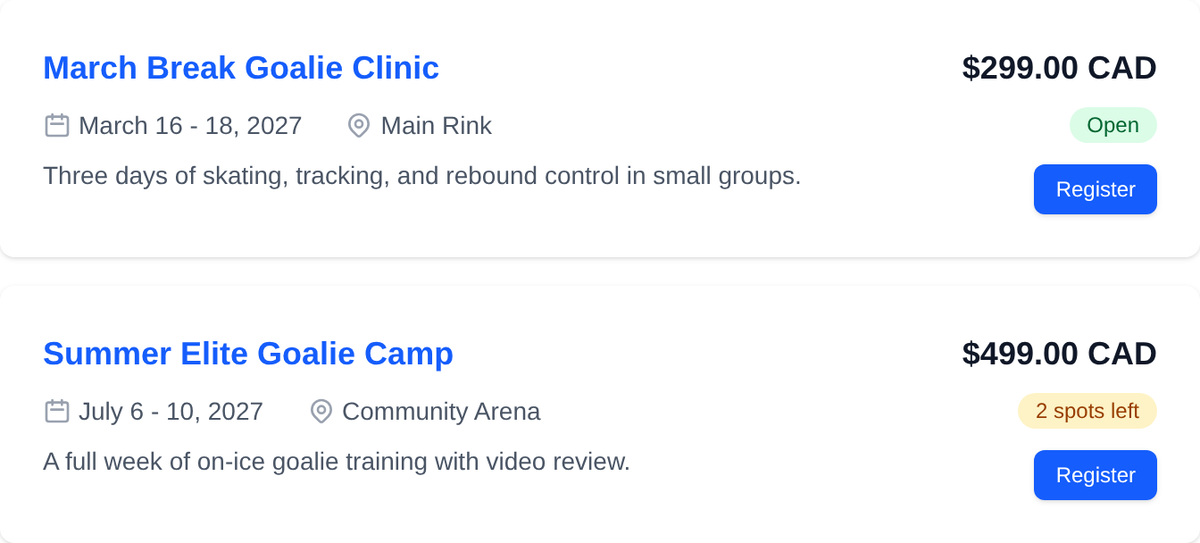 A GoalieBook coach page listing a March Break goalie clinic and a summer goalie camp with dates, locations, prices, and 2 spots left