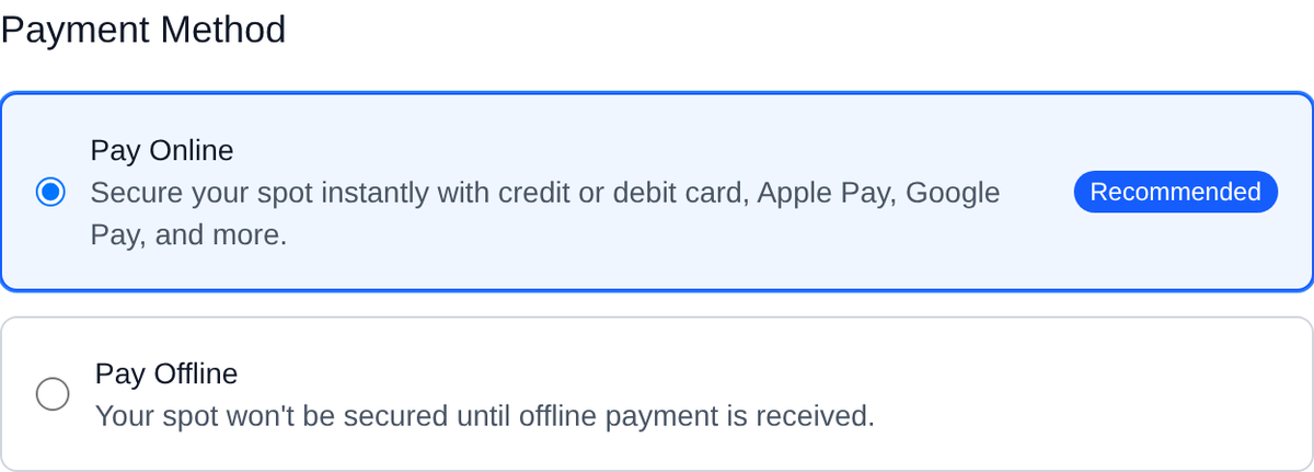 GoalieBook's payment choice at registration: pay online by card, or pay offline by e-transfer