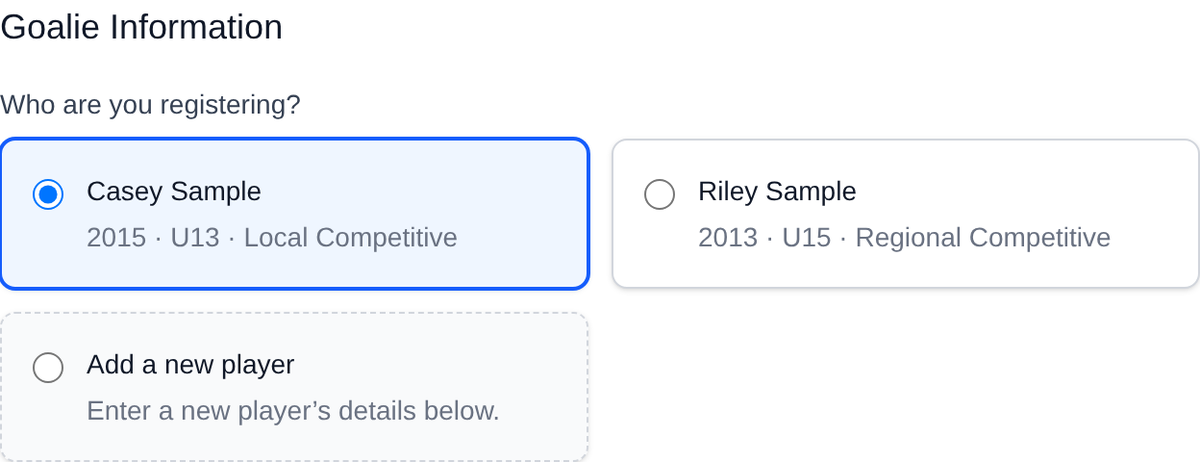 GoalieBook's registration form offering two saved goalie profiles to pick from, or adding a new player