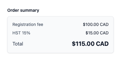 Order summary with tax shown as a separate line: registration fee $100.00, HST 15% $15.00, total $115.00