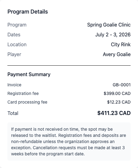 Registration confirmation summary showing program details, invoice, payment lines, total, and refund policy