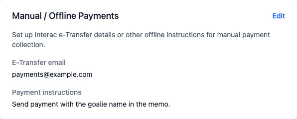 Manual and offline payments card showing e-transfer email and payment instructions