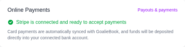 Online payments card showing Stripe connected and ready to accept payments