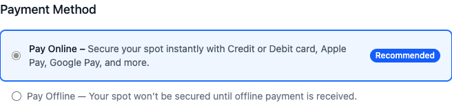 Payment method section showing pay online selected and pay offline as an alternate option